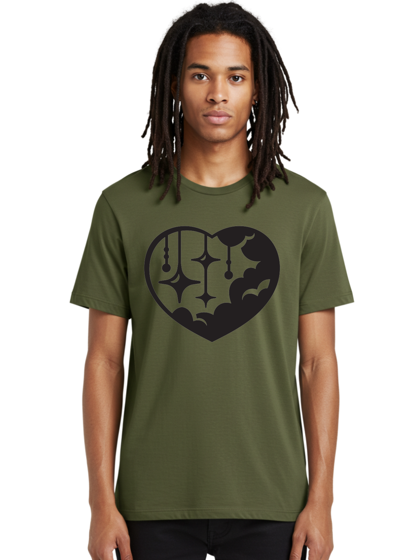 Heart-With-Clouds-And-Stars Men'S Graphic Tee, 100% Cotton, Comfortable Casual Summer Wear, Machine Washable, Heart Shape, Clouds, Stars, Celestial Design, Mystical Patterns, Whimsical Art, Dreamy Silhouettes, Abstract Shapes, Symbolic Heart Aab280