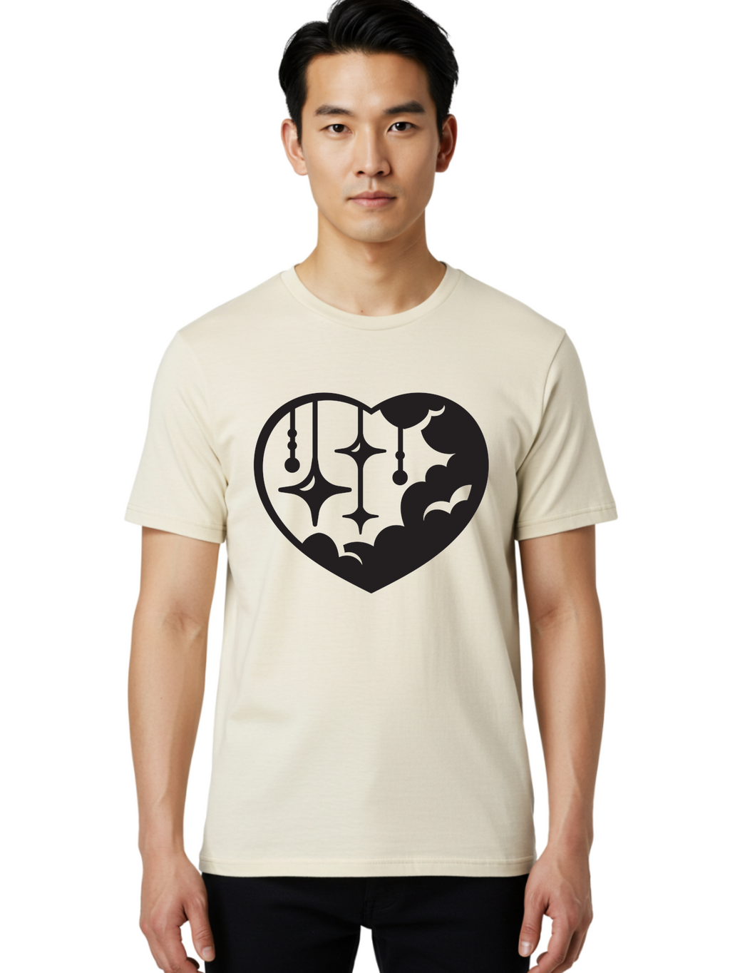 Heart-With-Clouds-And-Stars Men'S Graphic Tee, 100% Cotton, Comfortable Casual Summer Wear, Machine Washable, Heart Shape, Clouds, Stars, Celestial Design, Mystical Patterns, Whimsical Art, Dreamy Silhouettes, Abstract Shapes, Symbolic Heart Aab280