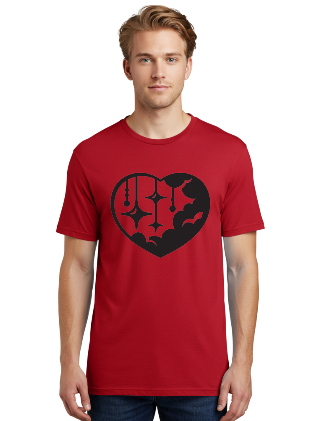 Heart-With-Clouds-And-Stars Men'S Graphic Tee, 100% Cotton, Comfortable Casual Summer Wear, Machine Washable, Heart Shape, Clouds, Stars, Celestial Design, Mystical Patterns, Whimsical Art, Dreamy Silhouettes, Abstract Shapes, Symbolic Heart Aab280