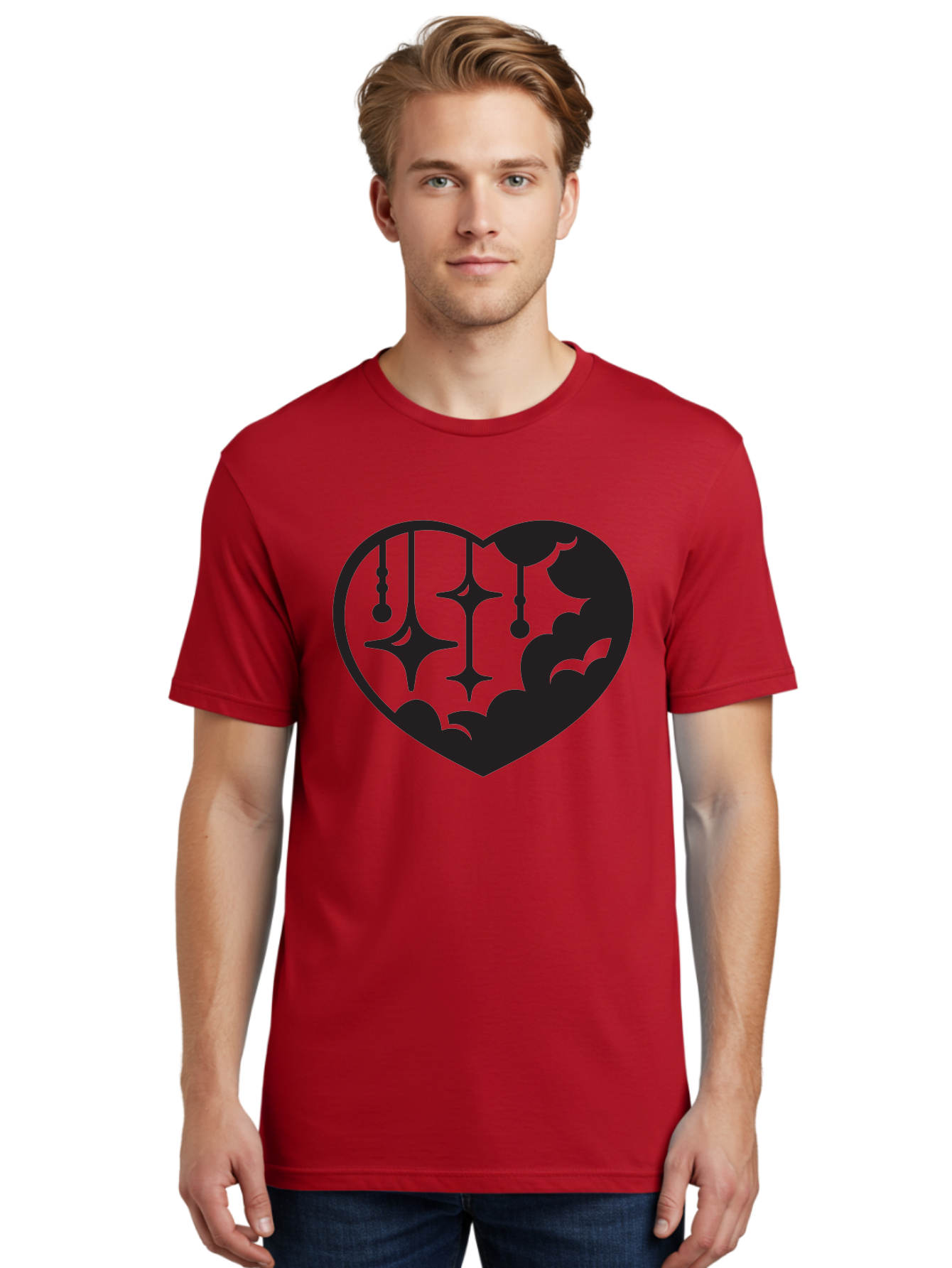 Heart-With-Clouds-And-Stars Men'S Graphic Tee, 100% Cotton, Comfortable Casual Summer Wear, Machine Washable, Heart Shape, Clouds, Stars, Celestial Design, Mystical Patterns, Whimsical Art, Dreamy Silhouettes, Abstract Shapes, Symbolic Heart Aab280