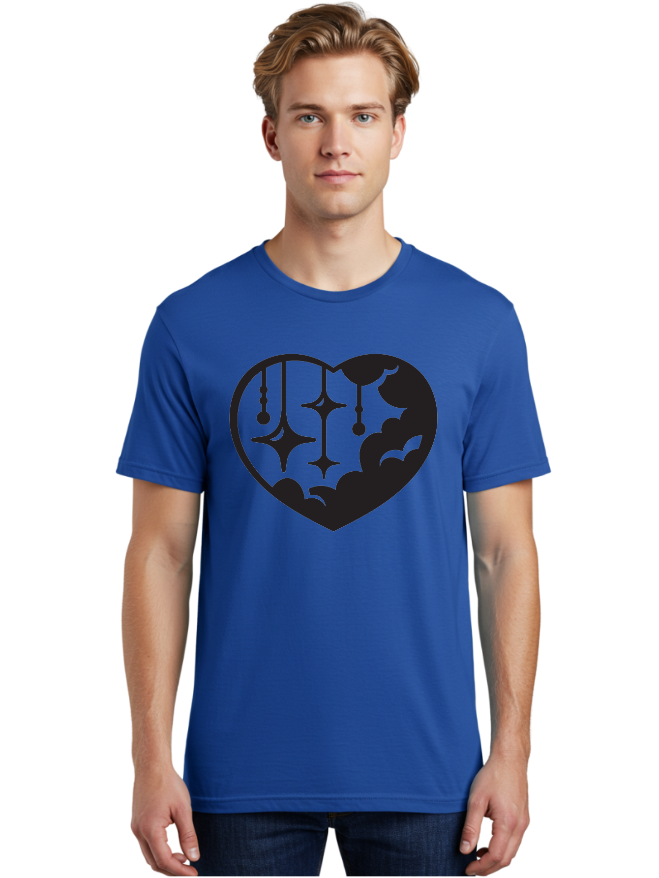 Heart-With-Clouds-And-Stars Men'S Graphic Tee, 100% Cotton, Comfortable Casual Summer Wear, Machine Washable, Heart Shape, Clouds, Stars, Celestial Design, Mystical Patterns, Whimsical Art, Dreamy Silhouettes, Abstract Shapes, Symbolic Heart Aab280