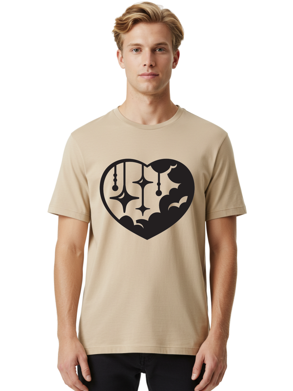 Heart-With-Clouds-And-Stars Men'S Graphic Tee, 100% Cotton, Comfortable Casual Summer Wear, Machine Washable, Heart Shape, Clouds, Stars, Celestial Design, Mystical Patterns, Whimsical Art, Dreamy Silhouettes, Abstract Shapes, Symbolic Heart Aab280