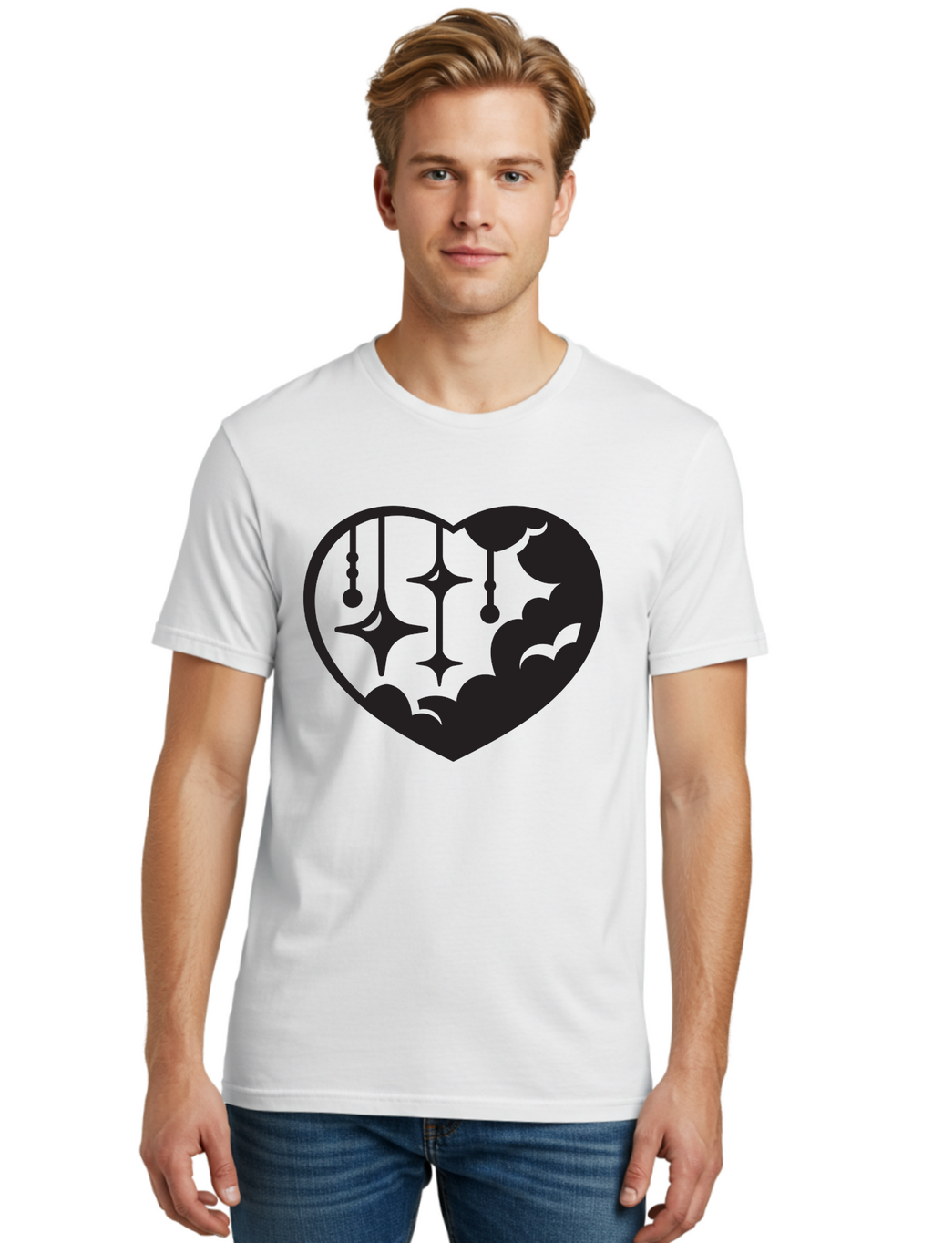 Heart-With-Clouds-And-Stars Men'S Graphic Tee, 100% Cotton, Comfortable Casual Summer Wear, Machine Washable, Heart Shape, Clouds, Stars, Celestial Design, Mystical Patterns, Whimsical Art, Dreamy Silhouettes, Abstract Shapes, Symbolic Heart Aab280