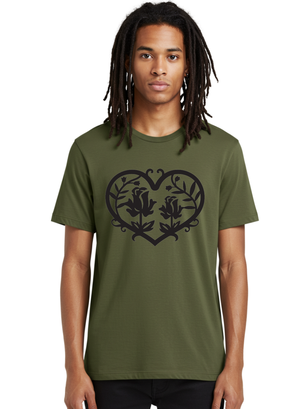 Heart-With-Flowers Men'S Graphic Tee, 100% Cotton, Comfortable Casual Summer Wear, Machine Washable, Heart Shape, Floral Design, Black Silhouette, Rose Flowers, Leaves And Vines, Decorative Elements, Symbolic Heart, Intricate Details, Aab282