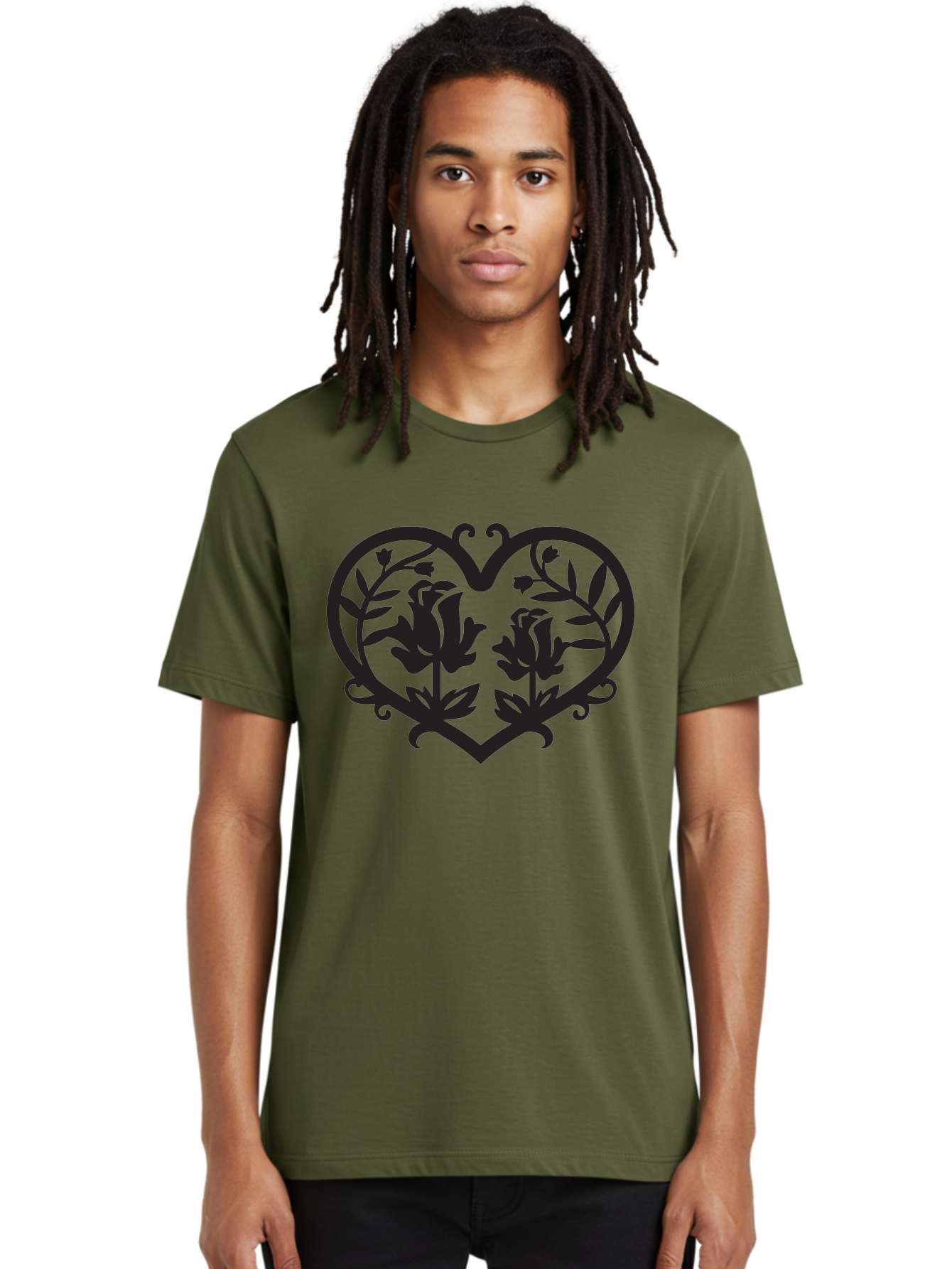 Heart-With-Flowers Men'S Graphic Tee, 100% Cotton, Comfortable Casual Summer Wear, Machine Washable, Heart Shape, Floral Design, Black Silhouette, Rose Flowers, Leaves And Vines, Decorative Elements, Symbolic Heart, Intricate Details, Aab282