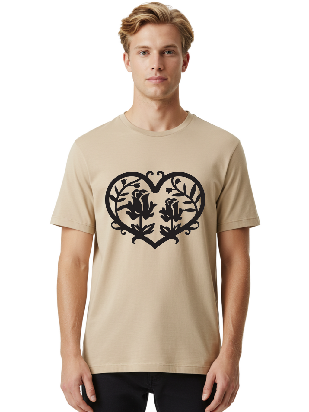 Heart-With-Flowers Men'S Graphic Tee, 100% Cotton, Comfortable Casual Summer Wear, Machine Washable, Heart Shape, Floral Design, Black Silhouette, Rose Flowers, Leaves And Vines, Decorative Elements, Symbolic Heart, Intricate Details, Aab282