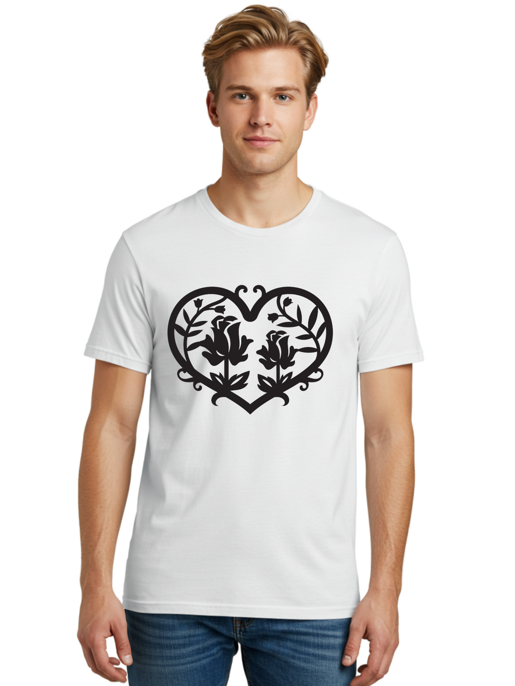 Heart-With-Flowers Men'S Graphic Tee, 100% Cotton, Comfortable Casual Summer Wear, Machine Washable, Heart Shape, Floral Design, Black Silhouette, Rose Flowers, Leaves And Vines, Decorative Elements, Symbolic Heart, Intricate Details, Aab282