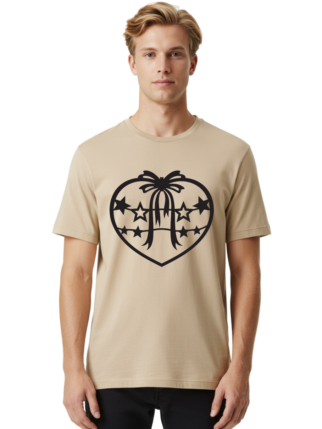 Heart-With-Ribbon-And-Stars Men'S Graphic Tee, 100% Cotton, Comfortable Casual Summer Wear, Machine Washable, Heart Shape, Stars, Ribbon Bow, Love Symbol, Heart Design, Celestial Theme, Starry Night, Heart Graphic, Ribbon, Abstract Art Aab283