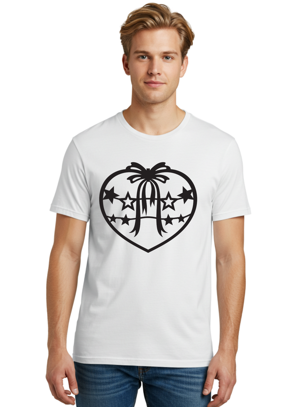 Heart-With-Ribbon-And-Stars Men'S Graphic Tee, 100% Cotton, Comfortable Casual Summer Wear, Machine Washable, Heart Shape, Stars, Ribbon Bow, Love Symbol, Heart Design, Celestial Theme, Starry Night, Heart Graphic, Ribbon, Abstract Art Aab283