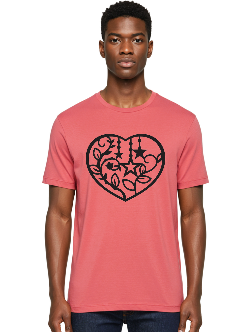 Heart-With-Stars-And-Leaves Men'S Graphic Tee, 100% Cotton, Comfortable Casual Summer Wear, Machine Washable, Heart Shape, Floral Design, Stars, Leaves, Vines, Decorative Elements, Symbolic Heart, Stylized Graphics, Minimalist Art Aab284