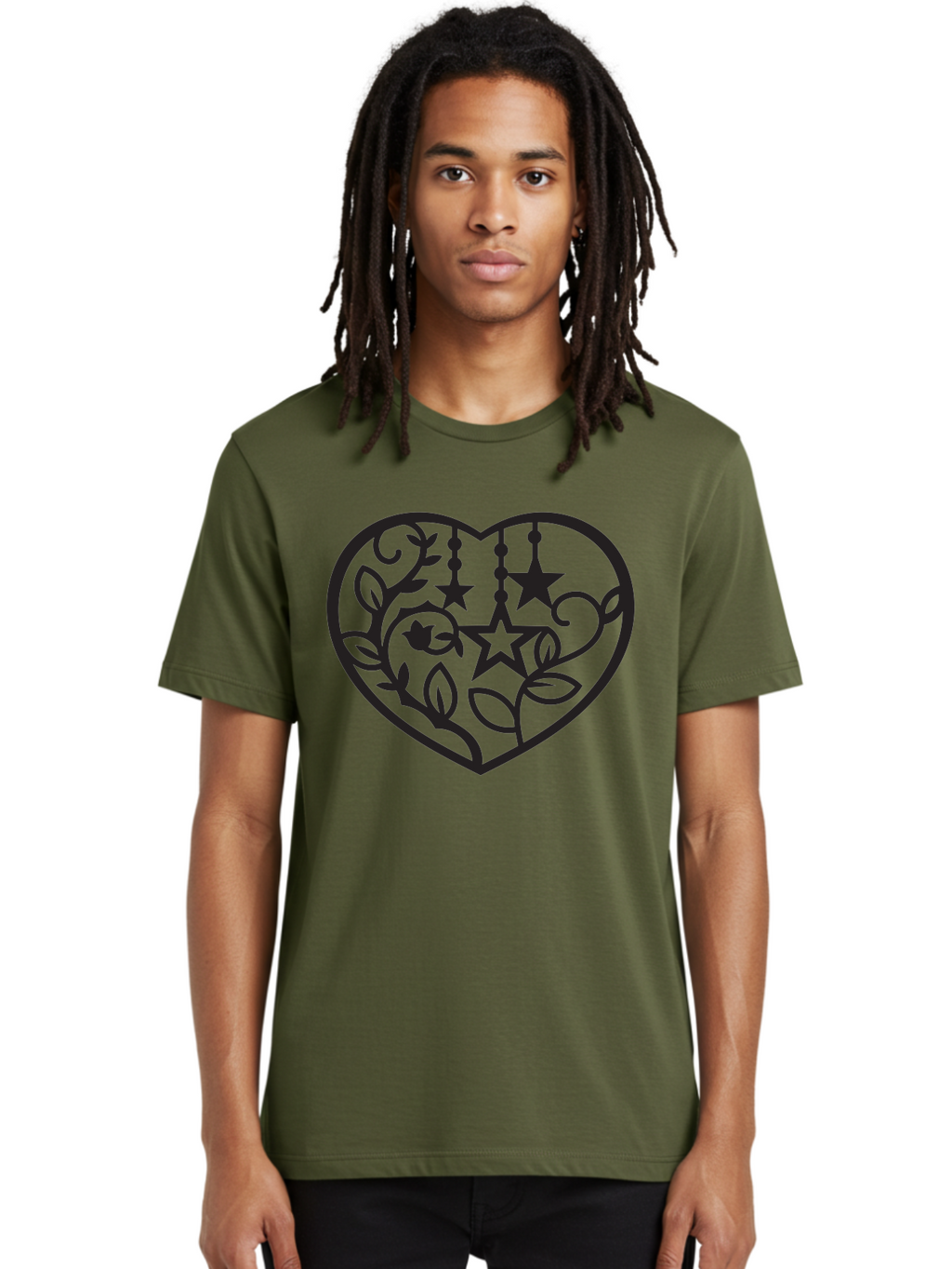 Heart-With-Stars-And-Leaves Men'S Graphic Tee, 100% Cotton, Comfortable Casual Summer Wear, Machine Washable, Heart Shape, Floral Design, Stars, Leaves, Vines, Decorative Elements, Symbolic Heart, Stylized Graphics, Minimalist Art Aab284