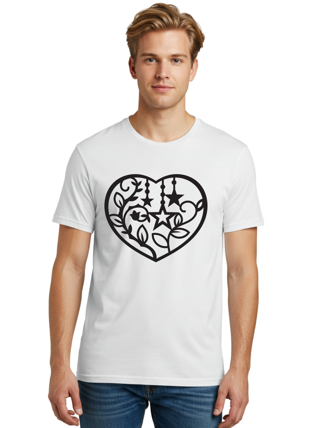 Heart-With-Stars-And-Leaves Men'S Graphic Tee, 100% Cotton, Comfortable Casual Summer Wear, Machine Washable, Heart Shape, Floral Design, Stars, Leaves, Vines, Decorative Elements, Symbolic Heart, Stylized Graphics, Minimalist Art Aab284