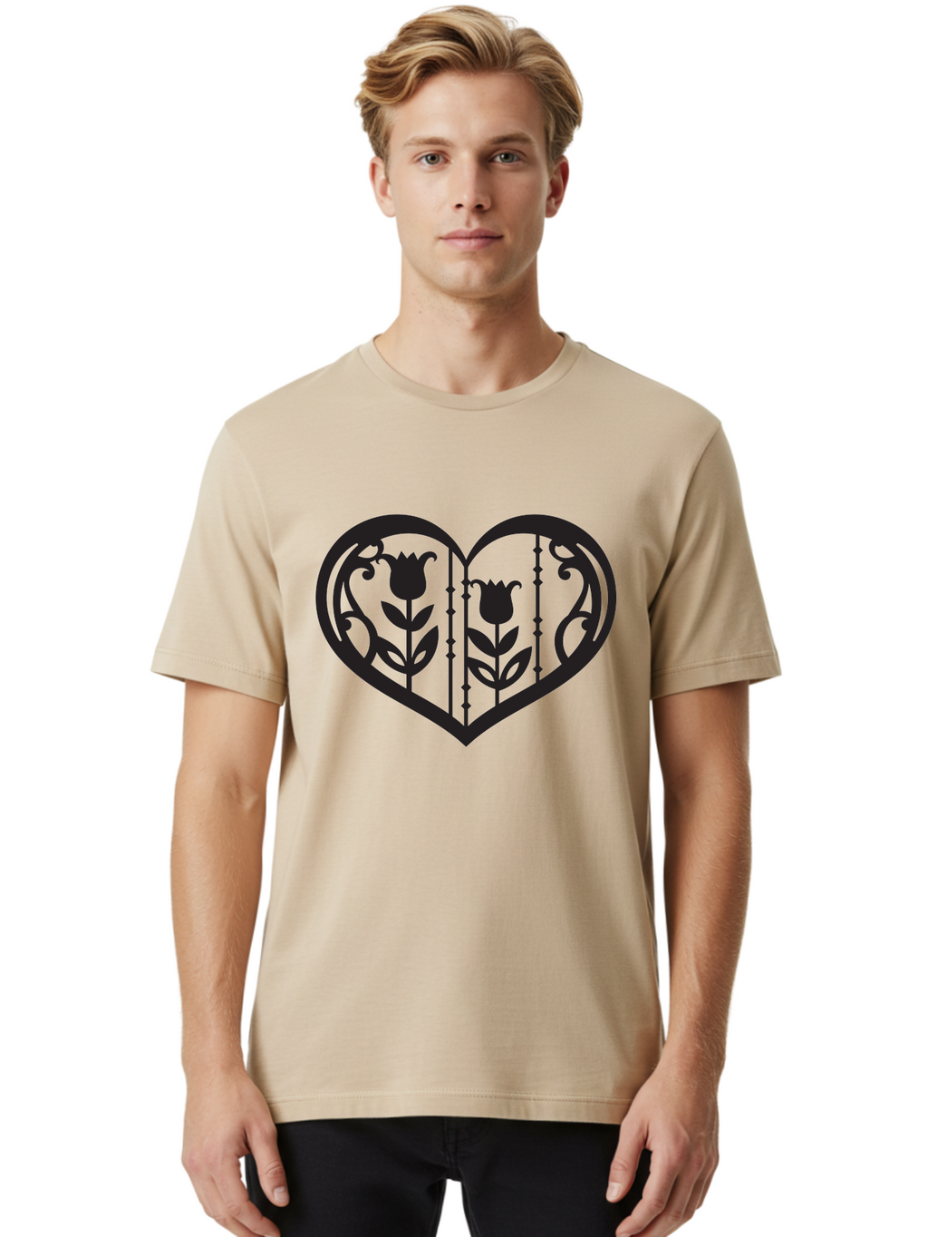 Heart-With-Tulips Men'S Graphic Tee, 100% Cotton, Comfortable Casual Summer Wear, Machine Washable, Tulip Design, Heart Shape, Floral Pattern, Love Symbol, Decorative Art, Valentine'S Theme, Beautiful Flowers Aab285