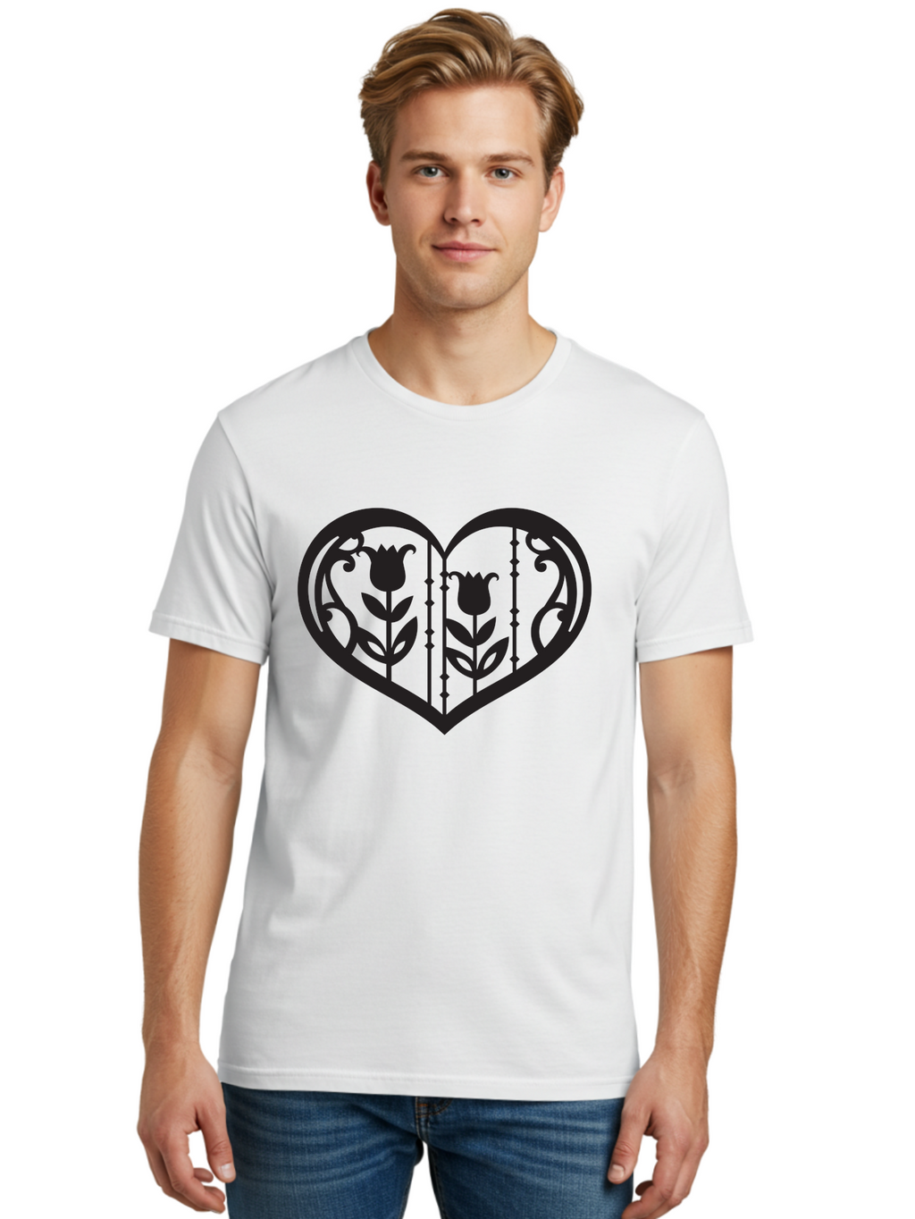 Heart-With-Tulips Men'S Graphic Tee, 100% Cotton, Comfortable Casual Summer Wear, Machine Washable, Tulip Design, Heart Shape, Floral Pattern, Love Symbol, Decorative Art, Valentine'S Theme, Beautiful Flowers Aab285