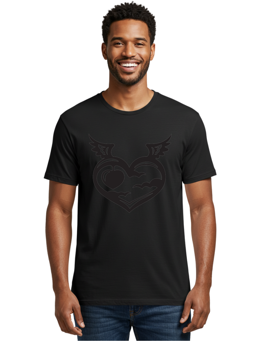 Heart-With-Wings-And-Apple Men'S Graphic Tee, 100% Cotton, Comfortable Casual Summer Wear, Machine Washable, Winged Heart Symbol, Heart With Wings, Apple Inside Heart, Symbolic Artwork, Tattoo Design, Love Icon, Heart Icon, Aab286