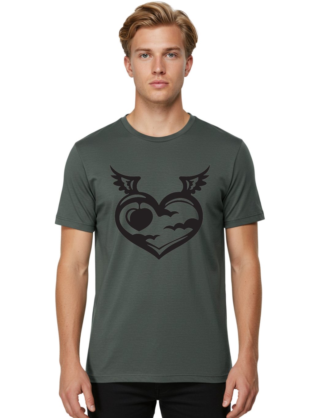 Heart-With-Wings-And-Apple Men'S Graphic Tee, 100% Cotton, Comfortable Casual Summer Wear, Machine Washable, Winged Heart Symbol, Heart With Wings, Apple Inside Heart, Symbolic Artwork, Tattoo Design, Love Icon, Heart Icon, Aab286