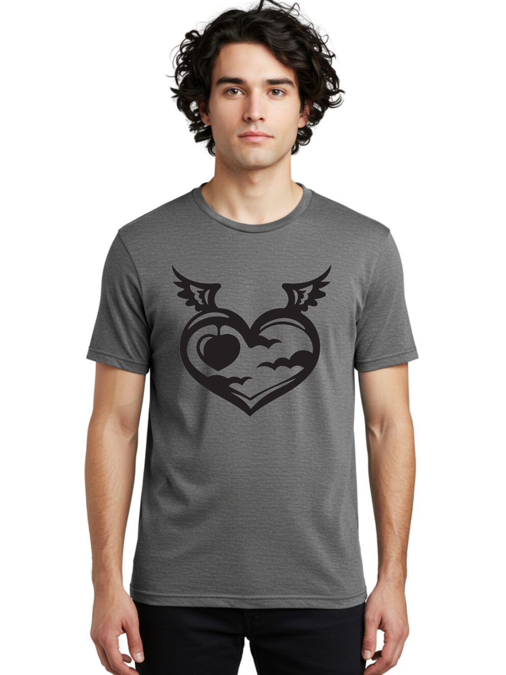 Heart-With-Wings-And-Apple Men'S Graphic Tee, 100% Cotton, Comfortable Casual Summer Wear, Machine Washable, Winged Heart Symbol, Heart With Wings, Apple Inside Heart, Symbolic Artwork, Tattoo Design, Love Icon, Heart Icon, Aab286