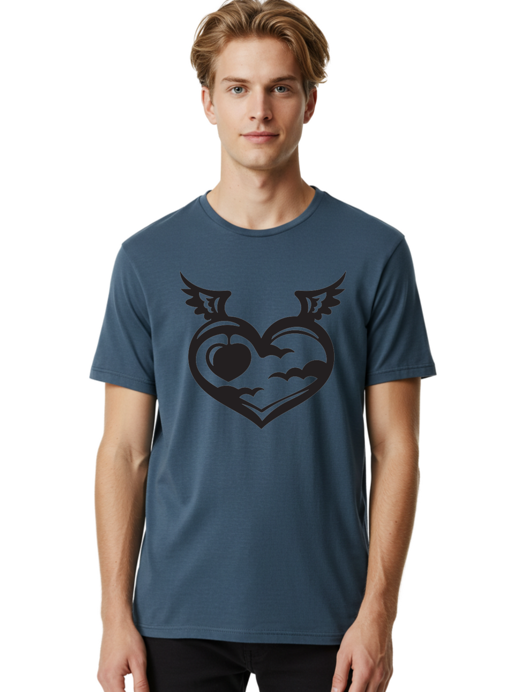 Heart-With-Wings-And-Apple Men'S Graphic Tee, 100% Cotton, Comfortable Casual Summer Wear, Machine Washable, Winged Heart Symbol, Heart With Wings, Apple Inside Heart, Symbolic Artwork, Tattoo Design, Love Icon, Heart Icon, Aab286