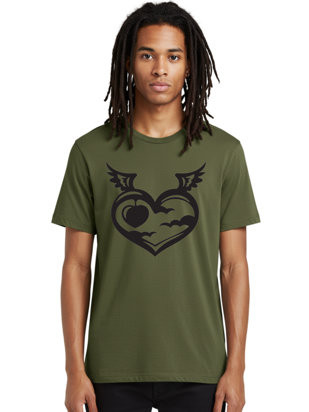 Heart-With-Wings-And-Apple Men'S Graphic Tee, 100% Cotton, Comfortable Casual Summer Wear, Machine Washable, Winged Heart Symbol, Heart With Wings, Apple Inside Heart, Symbolic Artwork, Tattoo Design, Love Icon, Heart Icon, Aab286