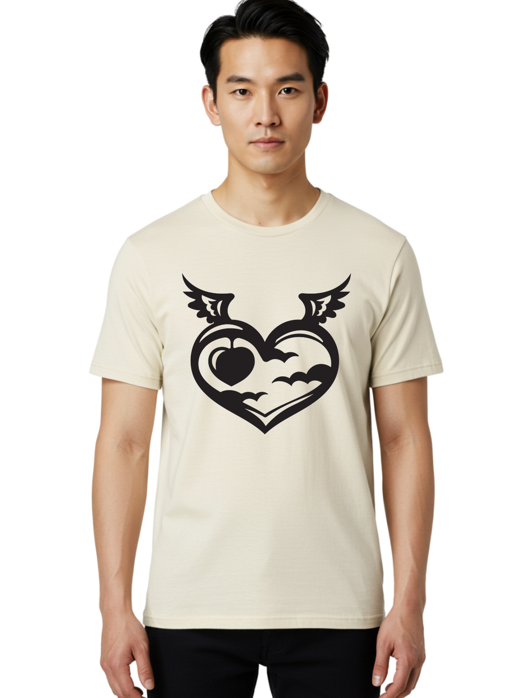 Heart-With-Wings-And-Apple Men'S Graphic Tee, 100% Cotton, Comfortable Casual Summer Wear, Machine Washable, Winged Heart Symbol, Heart With Wings, Apple Inside Heart, Symbolic Artwork, Tattoo Design, Love Icon, Heart Icon, Aab286