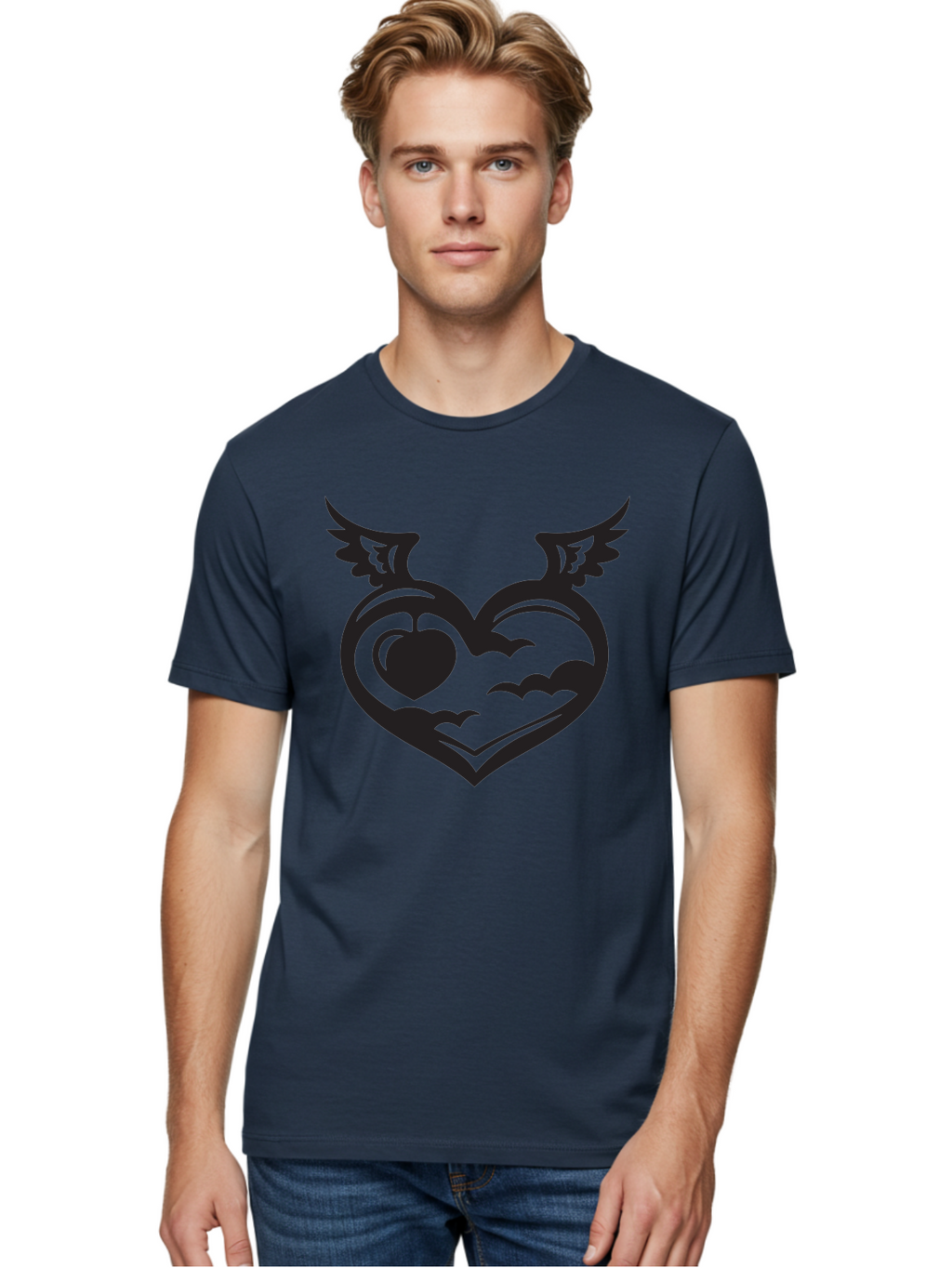 Heart-With-Wings-And-Apple Men'S Graphic Tee, 100% Cotton, Comfortable Casual Summer Wear, Machine Washable, Winged Heart Symbol, Heart With Wings, Apple Inside Heart, Symbolic Artwork, Tattoo Design, Love Icon, Heart Icon, Aab286