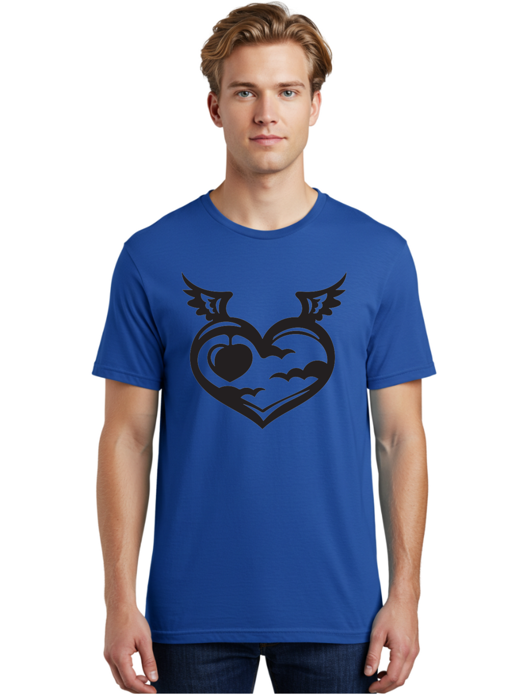 Heart-With-Wings-And-Apple Men'S Graphic Tee, 100% Cotton, Comfortable Casual Summer Wear, Machine Washable, Winged Heart Symbol, Heart With Wings, Apple Inside Heart, Symbolic Artwork, Tattoo Design, Love Icon, Heart Icon, Aab286