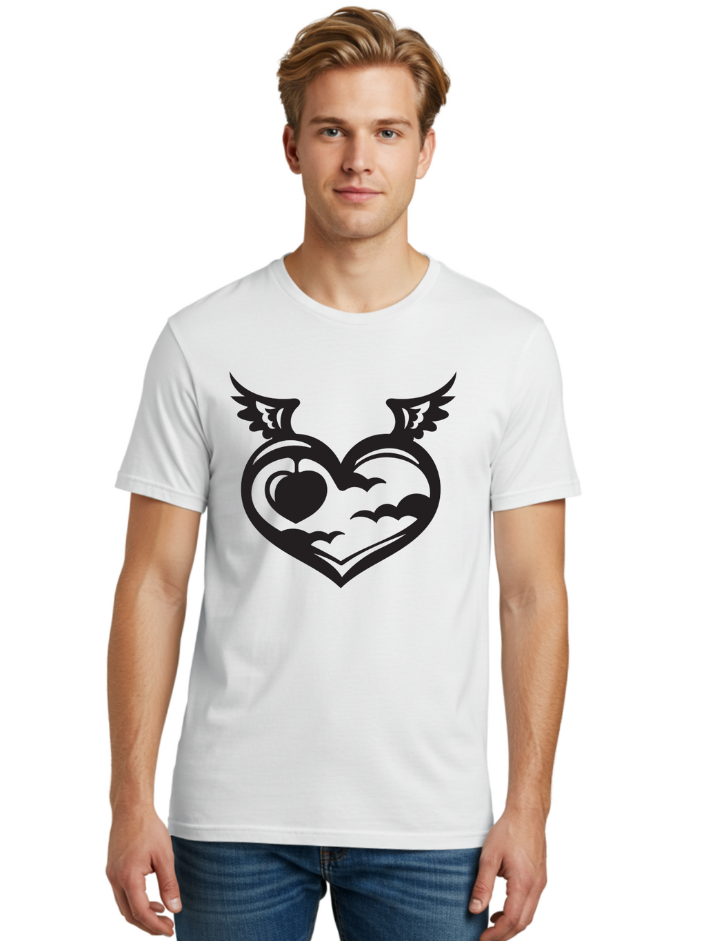 Heart-With-Wings-And-Apple Men'S Graphic Tee, 100% Cotton, Comfortable Casual Summer Wear, Machine Washable, Winged Heart Symbol, Heart With Wings, Apple Inside Heart, Symbolic Artwork, Tattoo Design, Love Icon, Heart Icon, Aab286