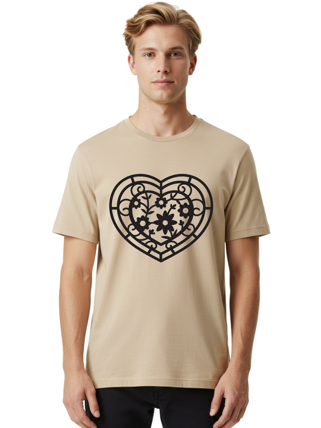 Heart Men'S Graphic Tee, 100% Cotton, Comfortable Casual Summer Wear, Machine Washable, Heart Shape, Floral Patterns, Black Outline, Ornate Details, Vintage Style, Love Symbol, Floral Motifs, Decorative Art Aab288