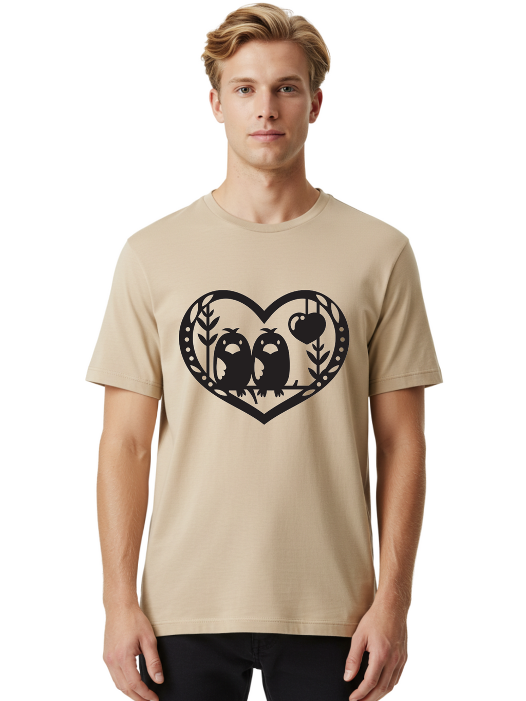 Love-Birds-1 Men'S Graphic Tee, 100% Cotton, Comfortable Casual Summer Wear, Machine Washable, Pair Of Birds Perched On Branch, Heart-Shaped Frame, Love Symbolism, Decorative Design, Minimalist Style, Simple Shapes, Cute Illustration, Aab291