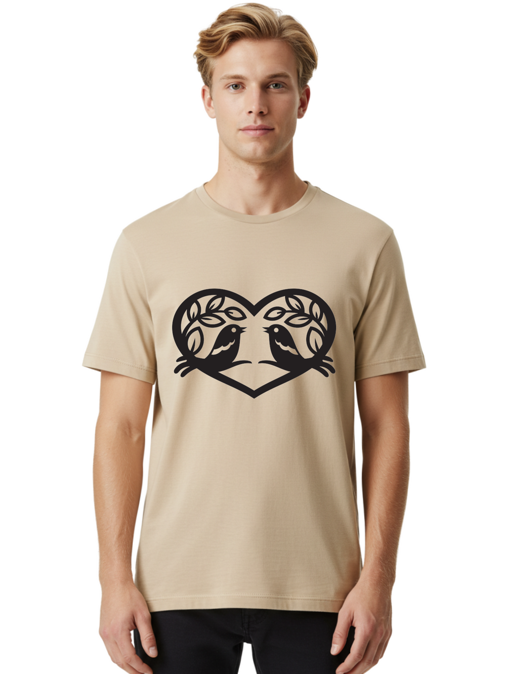 Love-Birds-Heart Men'S Graphic Tee, 100% Cotton, Comfortable Casual Summer Wear, Machine Washable, Love Birds, Heart Shape, Leafy Branches, Couple Birds, Tender Moment, Symbol Of Love, Peaceful Scene, Nature-Inspired Art Aab292