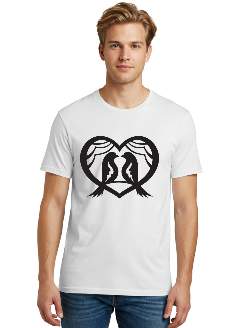 Love-Birds Men'S Graphic Tee, 100% Cotton, Comfortable Casual Summer Wear, Machine Washable, Two Doves, Doves Kissing, Heart Shape, Symbol Of Love, Peaceful Doves, Love Birds, Heart Symbol, Gentle Creatures, Symbolic Art, Dove Hearts Aab293