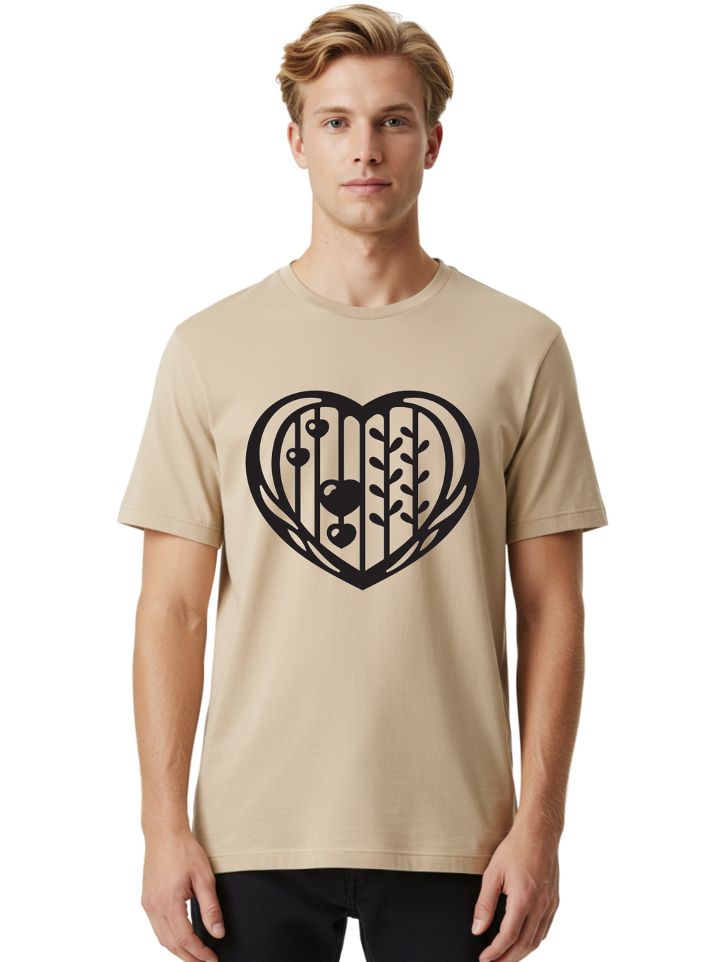 Mobile-Cage-Heart Men'S Graphic Tee, 100% Cotton, Comfortable Casual Summer Wear, Machine Washable, Heart-Shaped Cage, Bird Trapped, Love Symbol, Restricted Freedom, Emotional Confinement, Symbol Of Love, Heart, Birdcage Aab295
