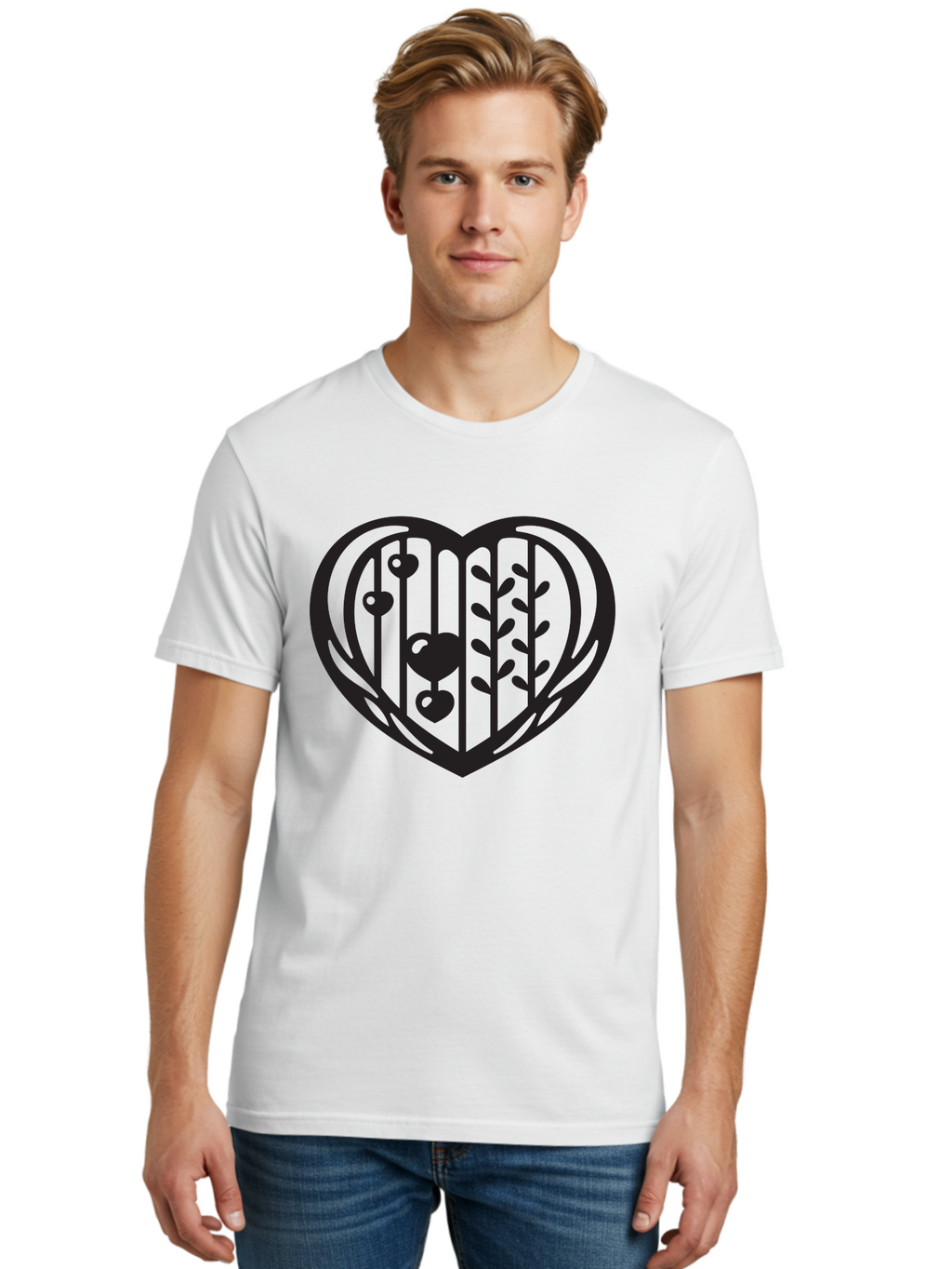 Mobile-Cage-Heart Men'S Graphic Tee, 100% Cotton, Comfortable Casual Summer Wear, Machine Washable, Heart-Shaped Cage, Bird Trapped, Love Symbol, Restricted Freedom, Emotional Confinement, Symbol Of Love, Heart, Birdcage Aab295