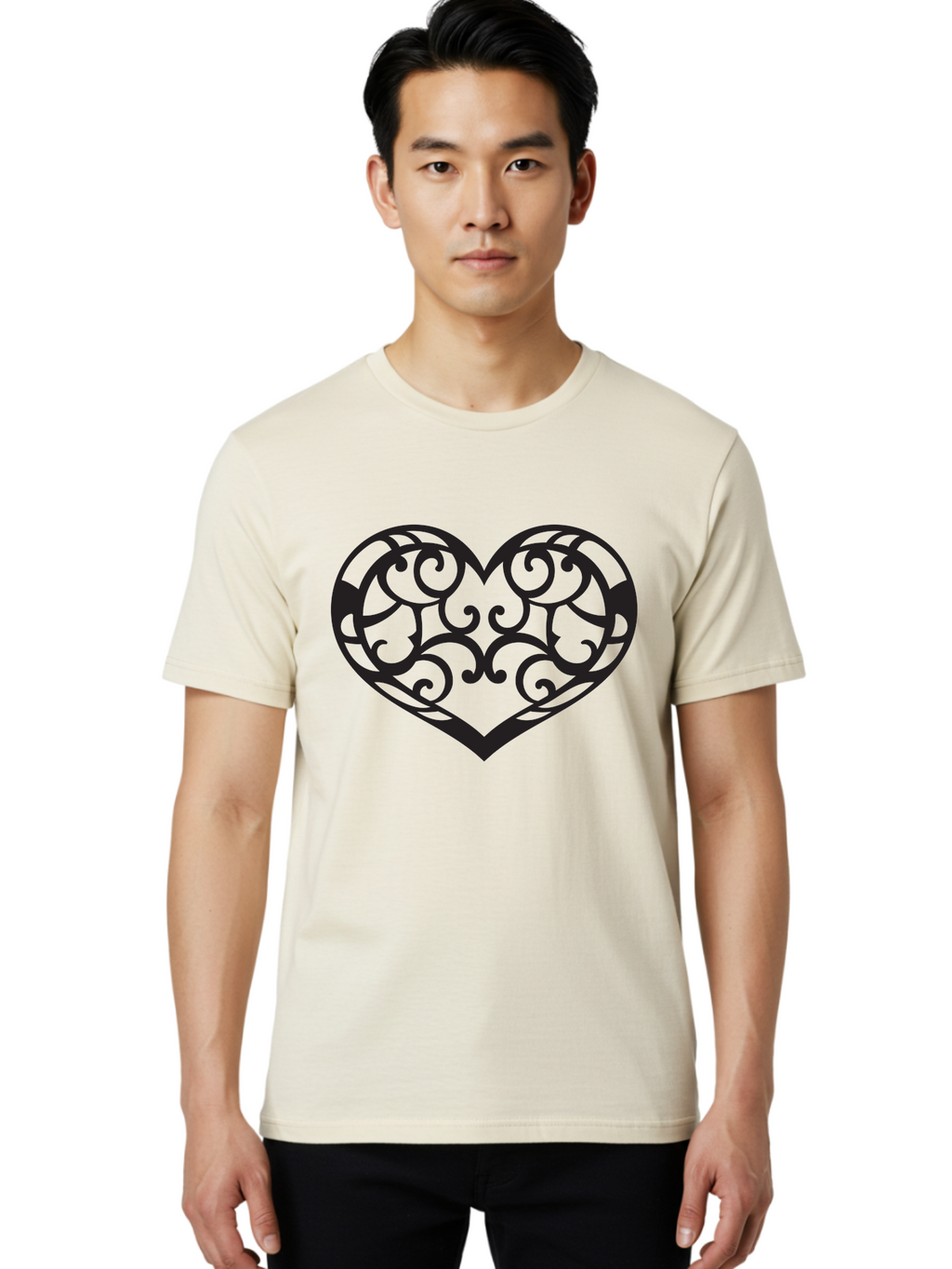 Ornate-Heart Men'S Graphic Tee, 100% Cotton, Comfortable Casual Summer Wear, Machine Washable, Ornate Heart Design, Swirling Patterns, Intricate Details, Symbolic Love, Decorative Art, Valentines Day Theme, Filigree Heart Aab296