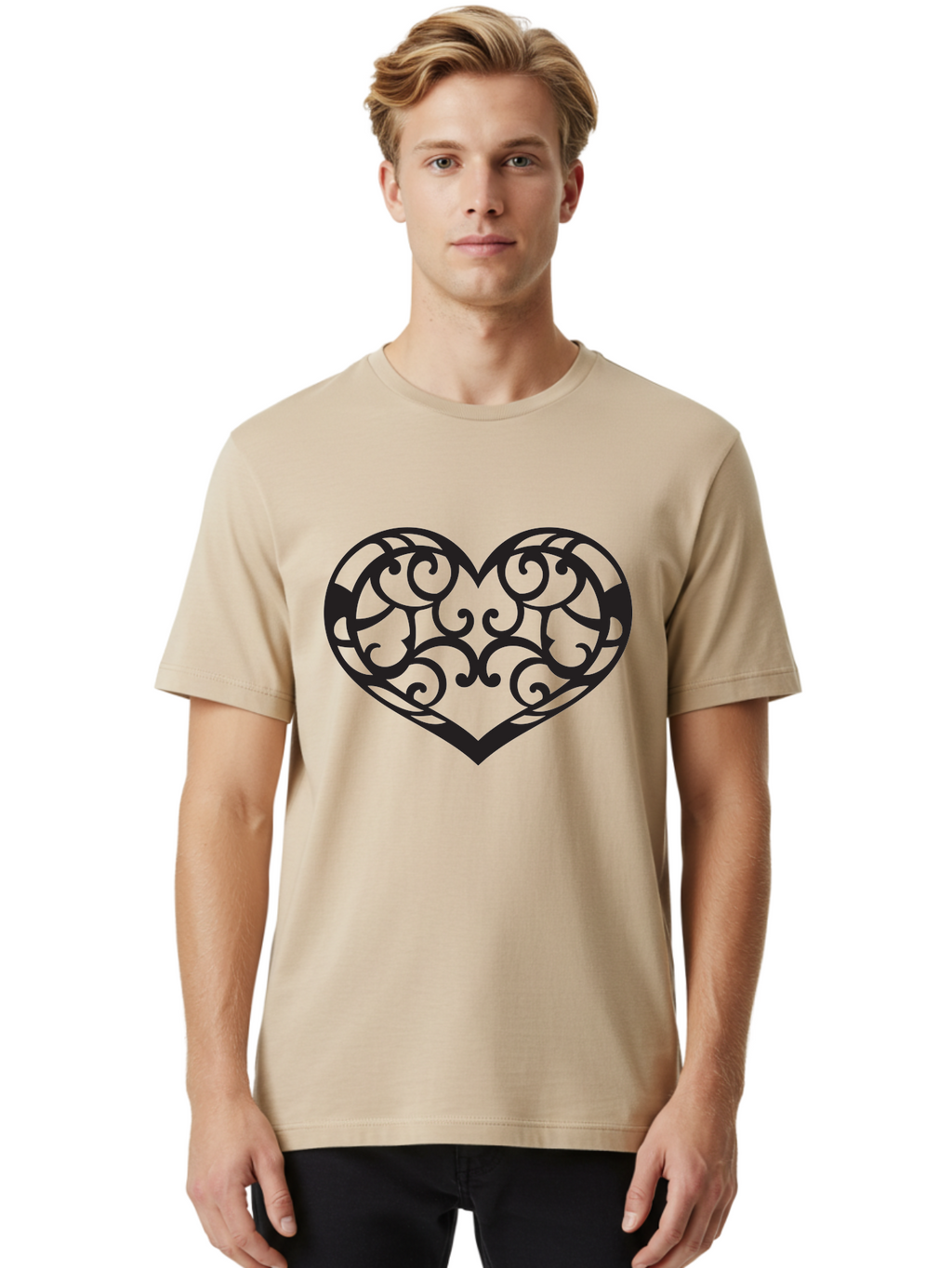 Ornate-Heart Men'S Graphic Tee, 100% Cotton, Comfortable Casual Summer Wear, Machine Washable, Ornate Heart Design, Swirling Patterns, Intricate Details, Symbolic Love, Decorative Art, Valentines Day Theme, Filigree Heart Aab296