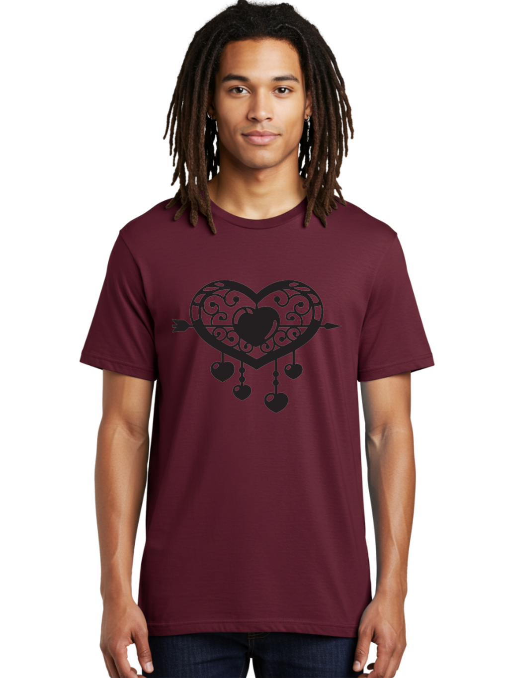 Pierced-Ornate-Heart Men'S Graphic Tee, 100% Cotton, Comfortable Casual Summer Wear, Machine Washable, Heart Pierced By Arrow, Ornate Heart Design, Dangling Hearts, Symbolic Love, Valentines Day Theme, Decorative Hearts, Romantic Gesture, Aab297