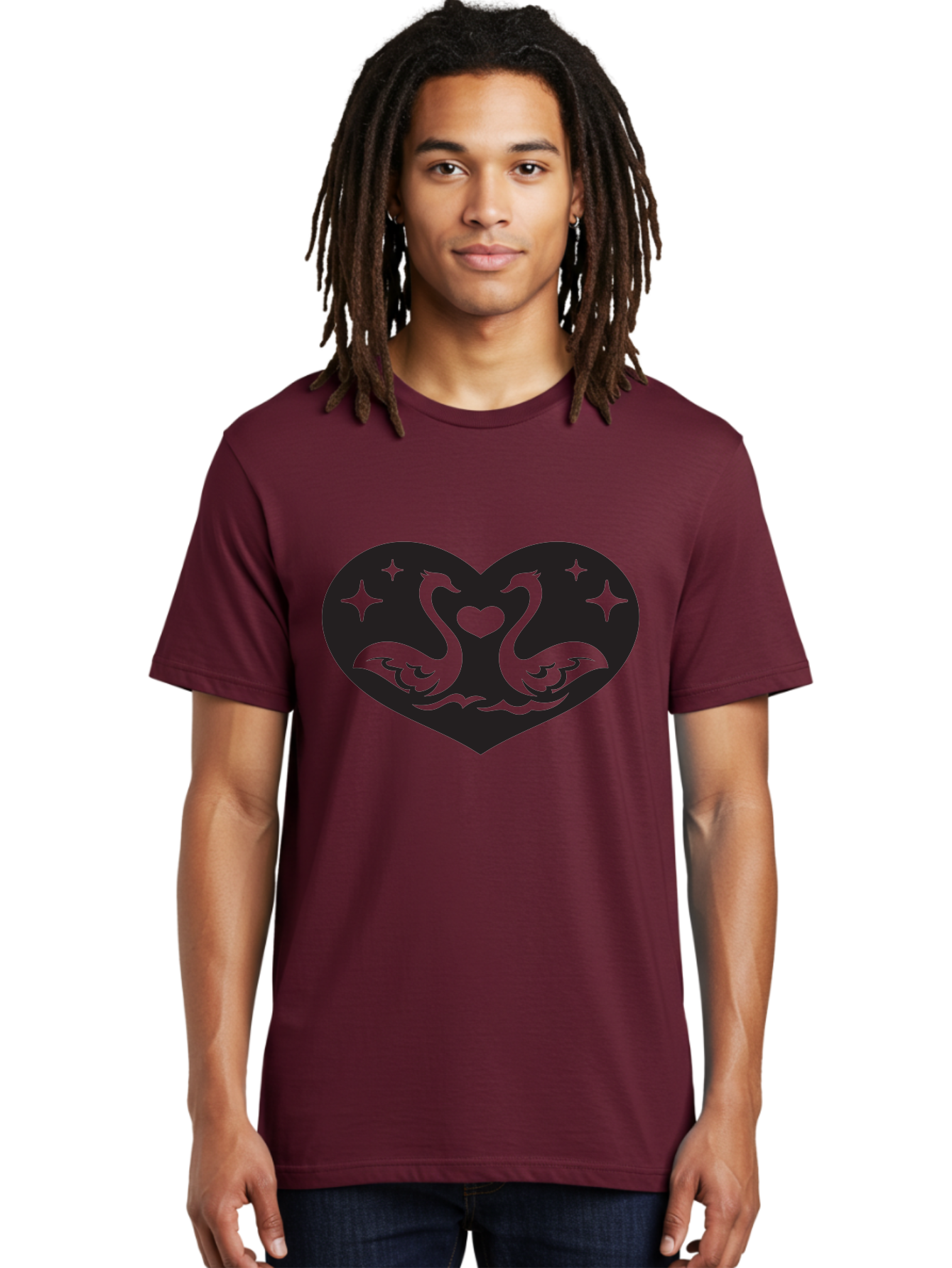 Swans-And-Heart Men'S Graphic Tee, 100% Cotton, Comfortable Casual Summer Wear, Machine Washable, Two Swans Forming A Heart Shape, Love Symbol, Swan Illustration, Heart-Shaped Graphic, Romantic Emblem, Starry Design, Whimsical Art, Love Art, Aab298