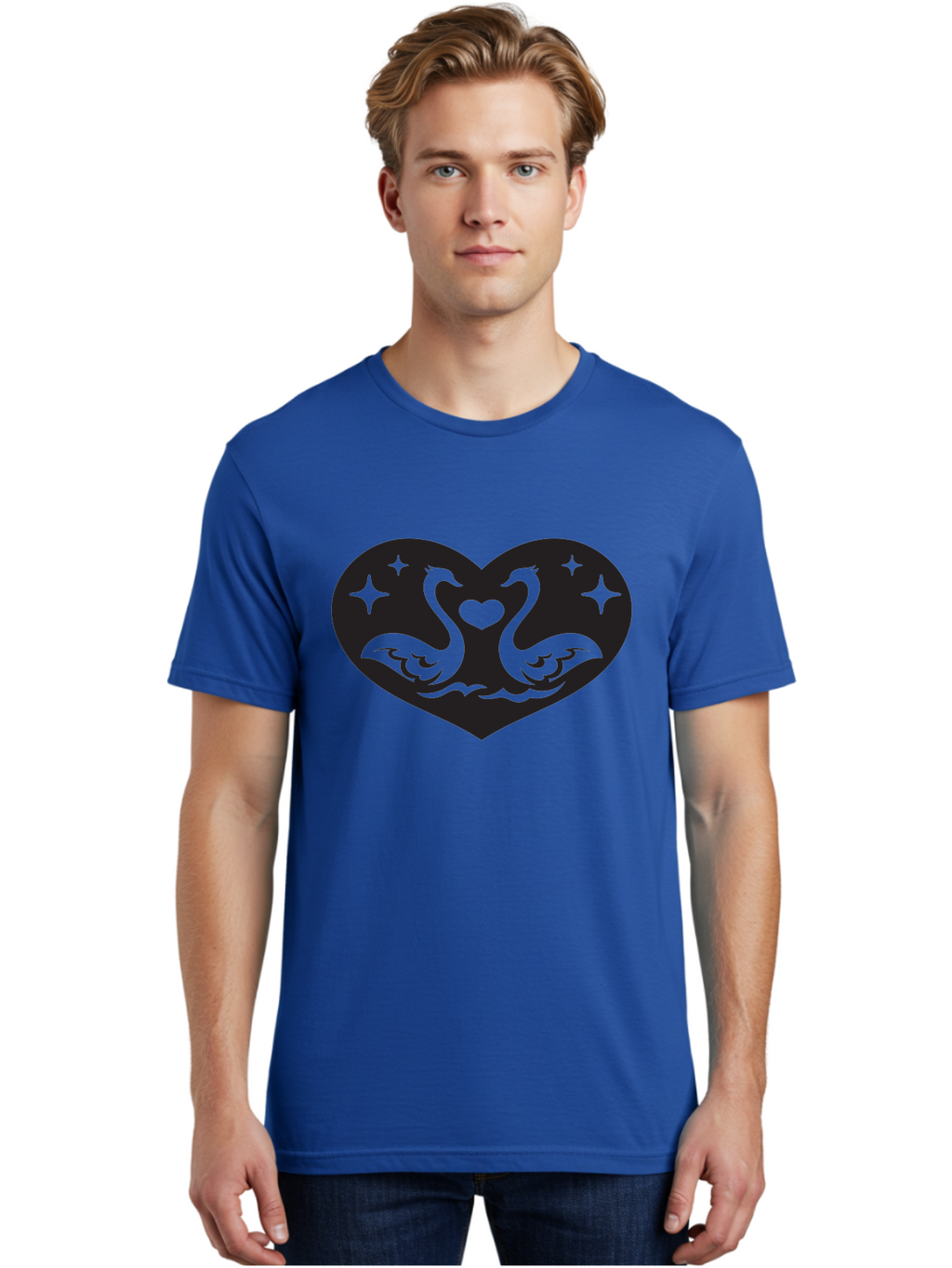 Swans-And-Heart Men'S Graphic Tee, 100% Cotton, Comfortable Casual Summer Wear, Machine Washable, Two Swans Forming A Heart Shape, Love Symbol, Swan Illustration, Heart-Shaped Graphic, Romantic Emblem, Starry Design, Whimsical Art, Love Art, Aab298