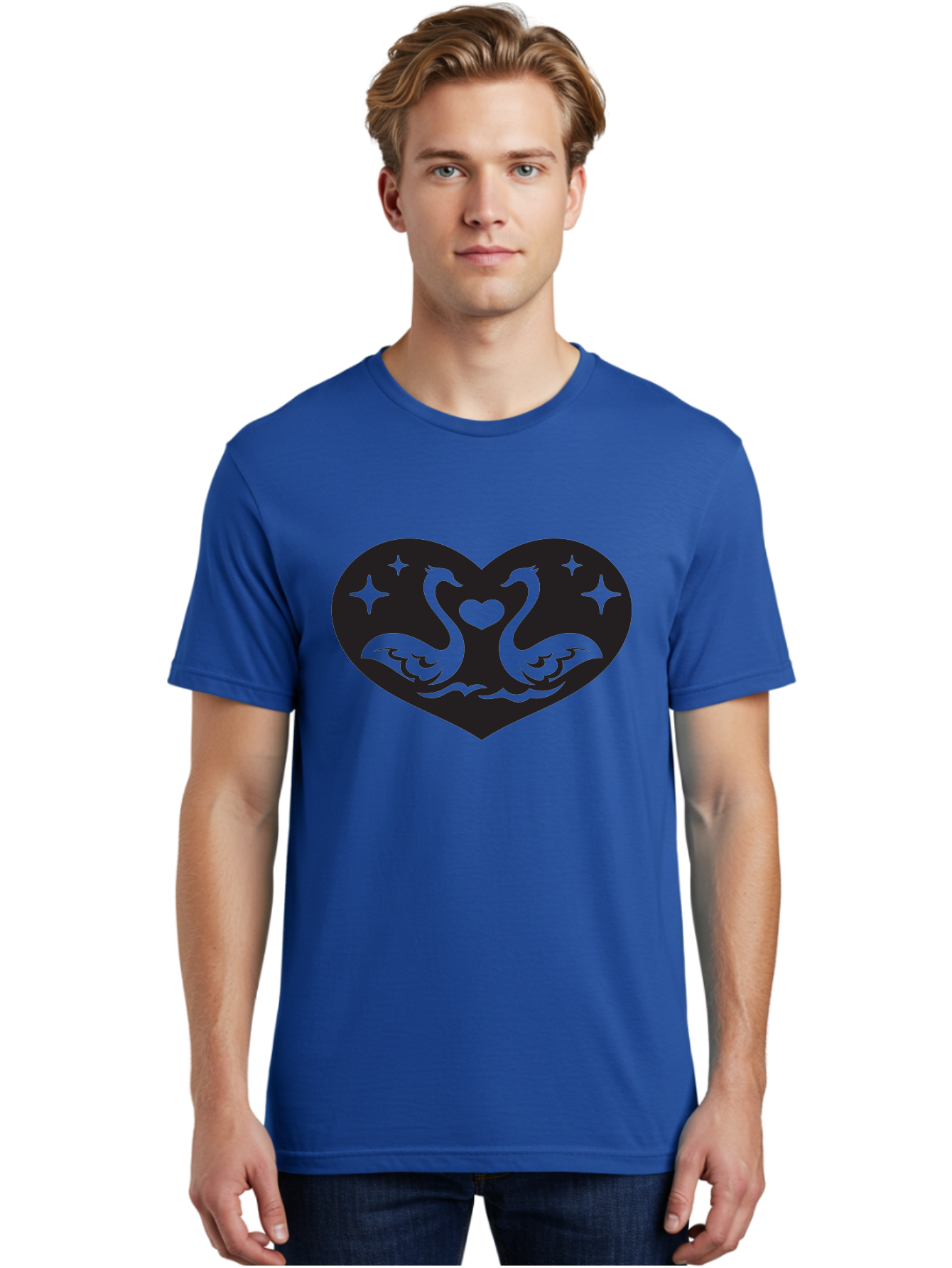 Swans-And-Heart Men'S Graphic Tee, 100% Cotton, Comfortable Casual Summer Wear, Machine Washable, Two Swans Forming A Heart Shape, Love Symbol, Swan Illustration, Heart-Shaped Graphic, Romantic Emblem, Starry Design, Whimsical Art, Love Art, Aab298