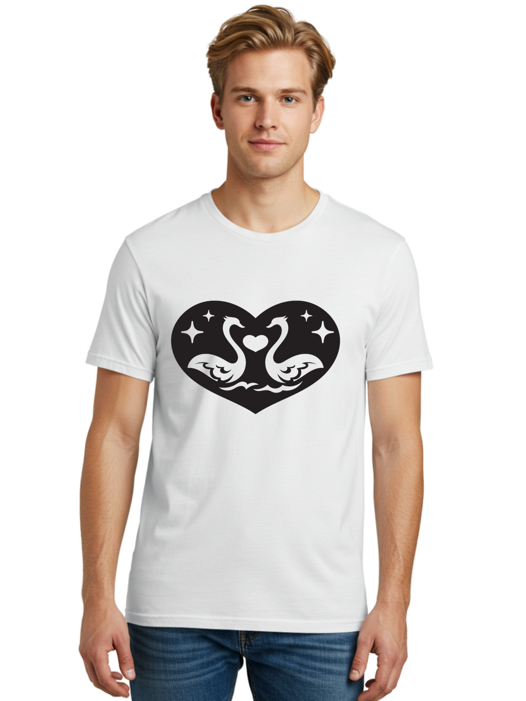 Swans-And-Heart Men'S Graphic Tee, 100% Cotton, Comfortable Casual Summer Wear, Machine Washable, Two Swans Forming A Heart Shape, Love Symbol, Swan Illustration, Heart-Shaped Graphic, Romantic Emblem, Starry Design, Whimsical Art, Love Art, Aab298