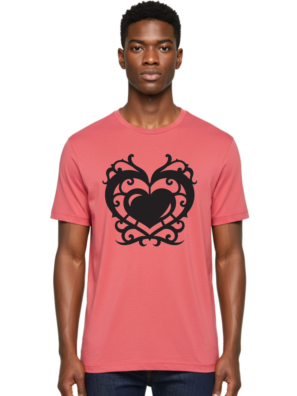 Tribal-Heart Men'S Graphic Tee, 100% Cotton, Comfortable Casual Summer Wear, Machine Washable, Heart Symbol, Decorative Heart, Gothic Design, Intricate Patterns, Filigree Art, Symbolic Love, Ornate Details, Heart Shape, Elegant Design, Aab300