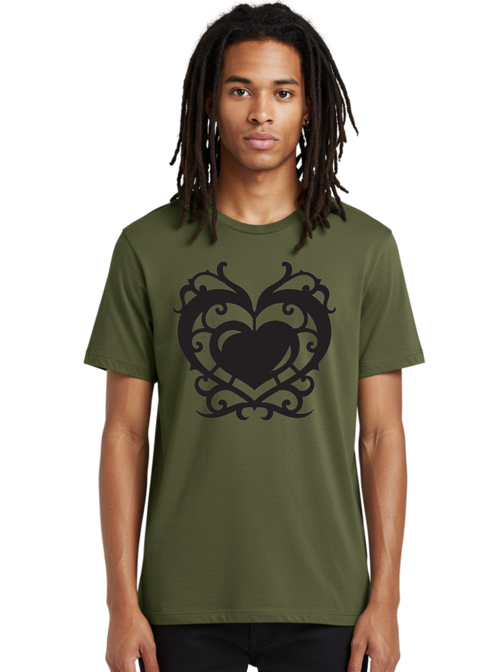 Tribal-Heart Men'S Graphic Tee, 100% Cotton, Comfortable Casual Summer Wear, Machine Washable, Heart Symbol, Decorative Heart, Gothic Design, Intricate Patterns, Filigree Art, Symbolic Love, Ornate Details, Heart Shape, Elegant Design, Aab300