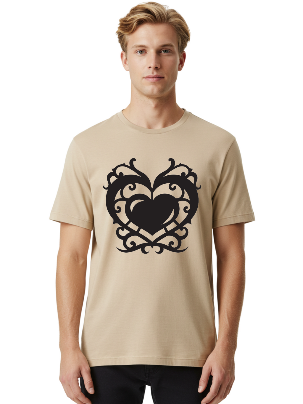 Tribal-Heart Men'S Graphic Tee, 100% Cotton, Comfortable Casual Summer Wear, Machine Washable, Heart Symbol, Decorative Heart, Gothic Design, Intricate Patterns, Filigree Art, Symbolic Love, Ornate Details, Heart Shape, Elegant Design, Aab300