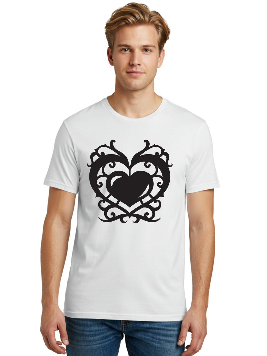 Tribal-Heart Men'S Graphic Tee, 100% Cotton, Comfortable Casual Summer Wear, Machine Washable, Heart Symbol, Decorative Heart, Gothic Design, Intricate Patterns, Filigree Art, Symbolic Love, Ornate Details, Heart Shape, Elegant Design, Aab300