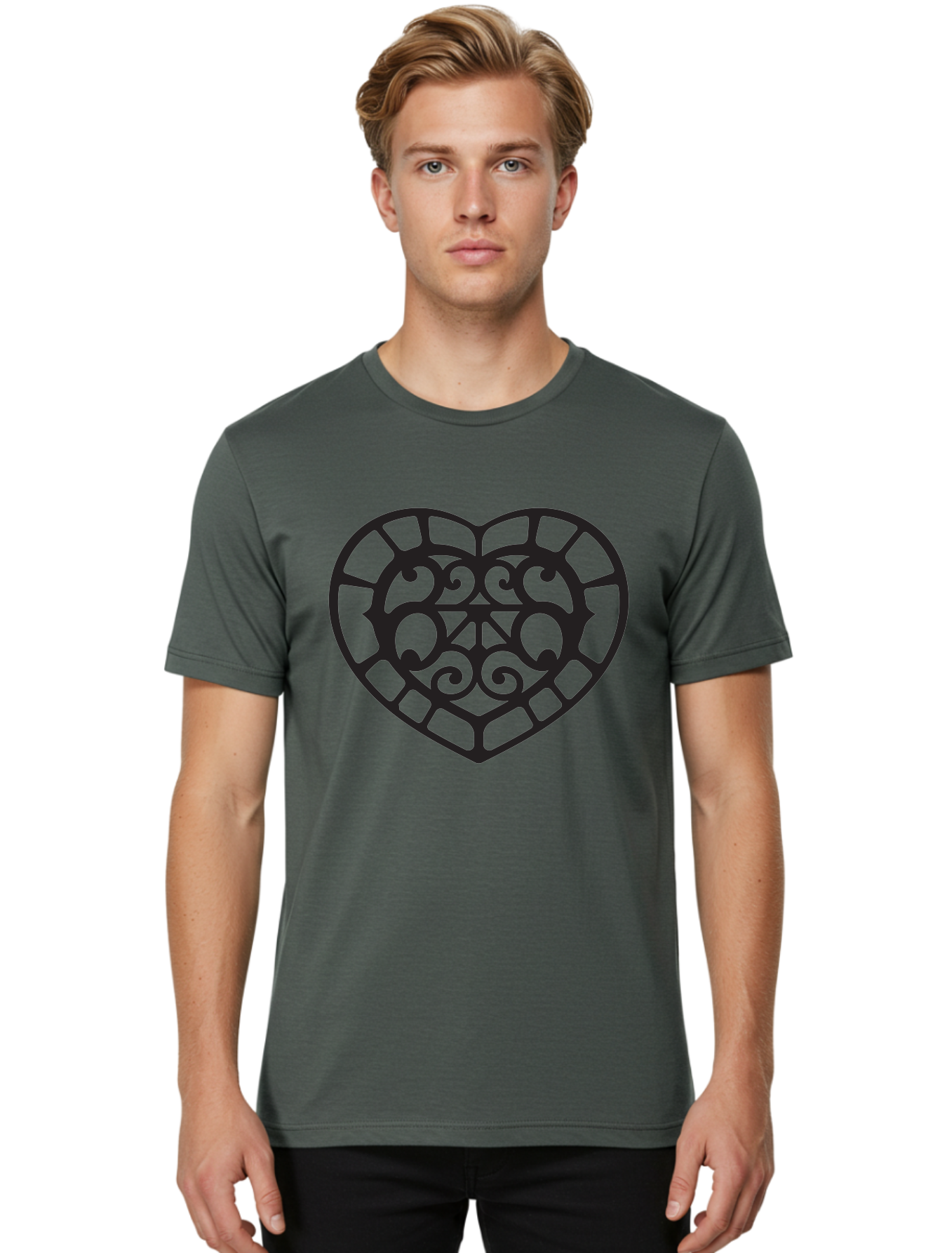 Tricolor-Heart Men'S Graphic Tee, 100% Cotton, Comfortable Casual Summer Wear, Machine Washable, Stained Glass Heart, Decorative Heart, Intricate Design, Swirling Patterns, Heart Shape, Love Symbol, Ornate Details, Glass Art, Heart Icon Aab301