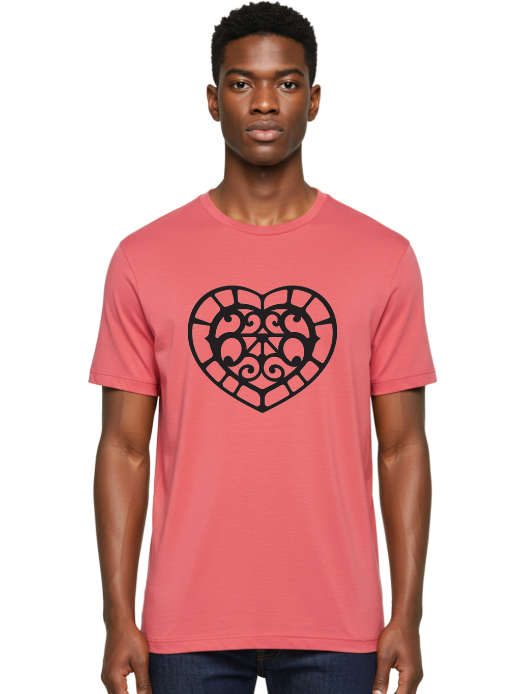 Tricolor-Heart Men'S Graphic Tee, 100% Cotton, Comfortable Casual Summer Wear, Machine Washable, Stained Glass Heart, Decorative Heart, Intricate Design, Swirling Patterns, Heart Shape, Love Symbol, Ornate Details, Glass Art, Heart Icon Aab301