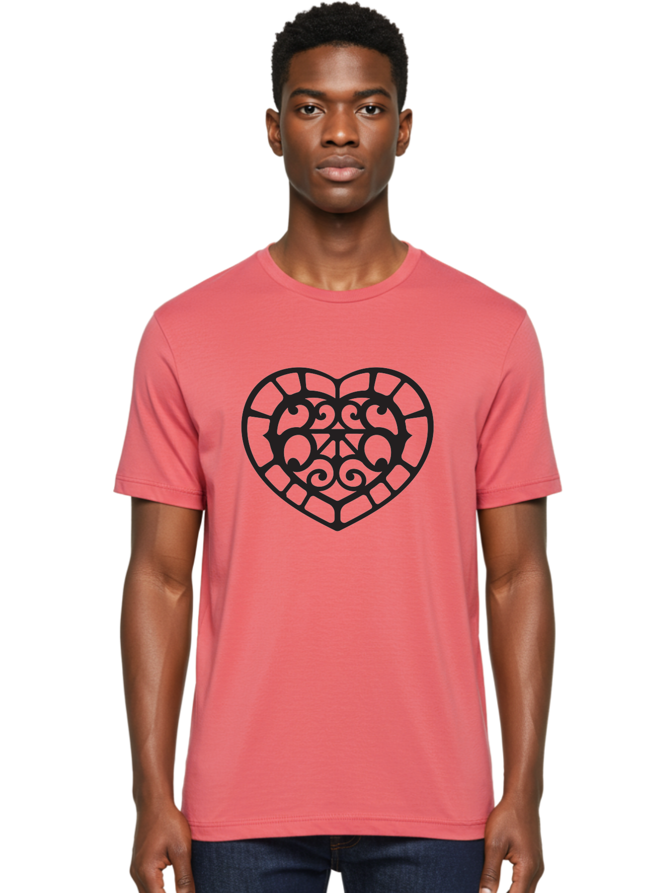 Tricolor-Heart Men'S Graphic Tee, 100% Cotton, Comfortable Casual Summer Wear, Machine Washable, Stained Glass Heart, Decorative Heart, Intricate Design, Swirling Patterns, Heart Shape, Love Symbol, Ornate Details, Glass Art, Heart Icon Aab301