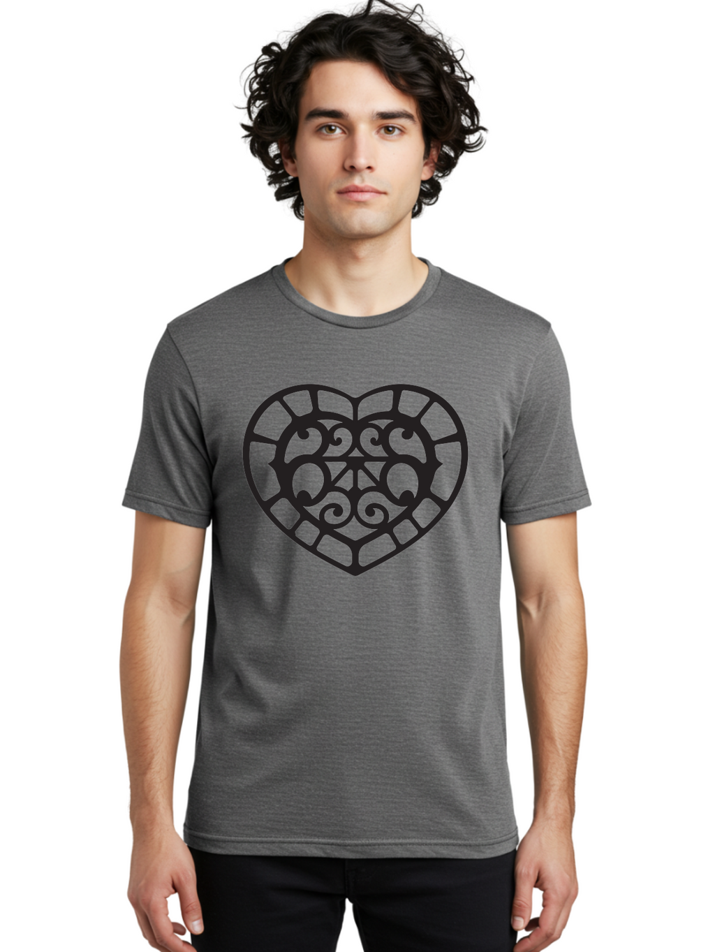 Tricolor-Heart Men'S Graphic Tee, 100% Cotton, Comfortable Casual Summer Wear, Machine Washable, Stained Glass Heart, Decorative Heart, Intricate Design, Swirling Patterns, Heart Shape, Love Symbol, Ornate Details, Glass Art, Heart Icon Aab301
