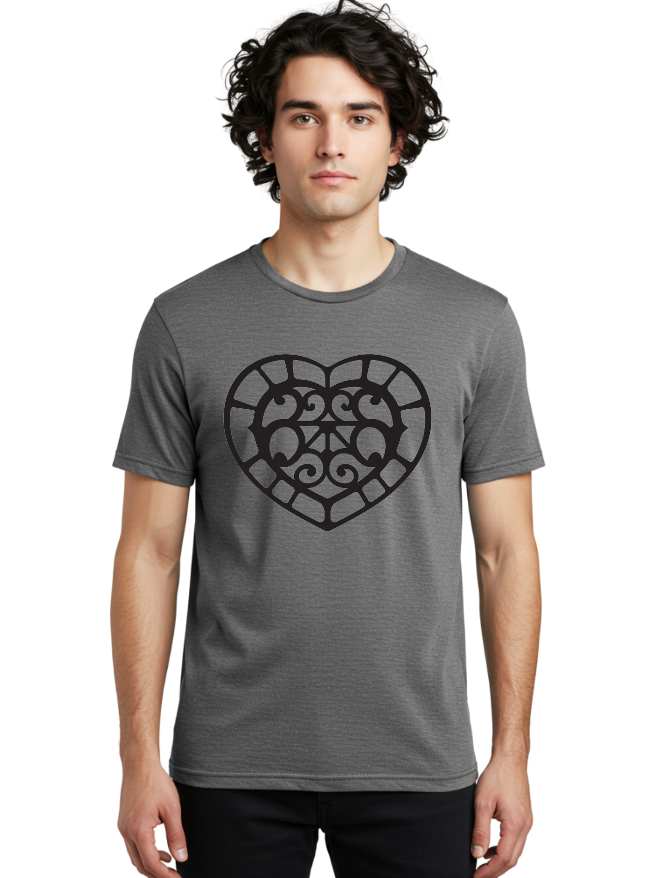 Tricolor-Heart Men'S Graphic Tee, 100% Cotton, Comfortable Casual Summer Wear, Machine Washable, Stained Glass Heart, Decorative Heart, Intricate Design, Swirling Patterns, Heart Shape, Love Symbol, Ornate Details, Glass Art, Heart Icon Aab301