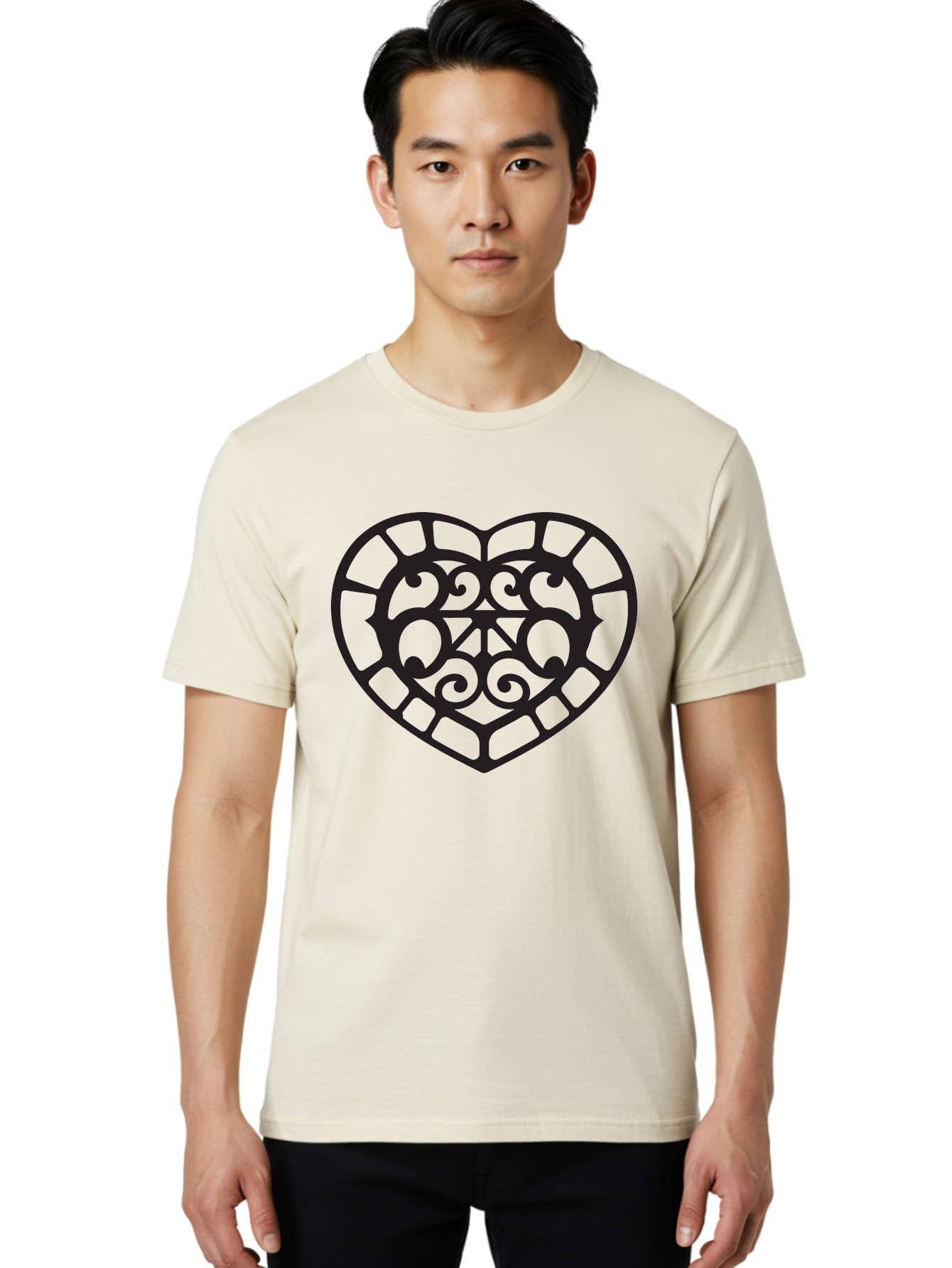 Tricolor-Heart Men'S Graphic Tee, 100% Cotton, Comfortable Casual Summer Wear, Machine Washable, Stained Glass Heart, Decorative Heart, Intricate Design, Swirling Patterns, Heart Shape, Love Symbol, Ornate Details, Glass Art, Heart Icon Aab301